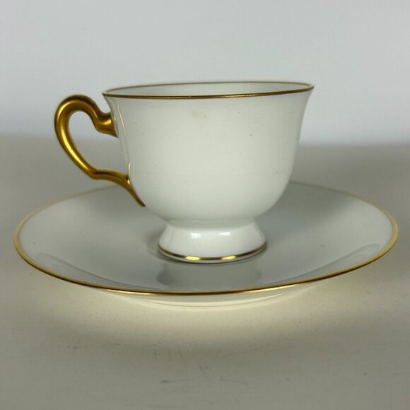 Okura Art White Porcelain Tea Cup and Saucer Set Japan 24K Gold Rims - Picture 2 of 14